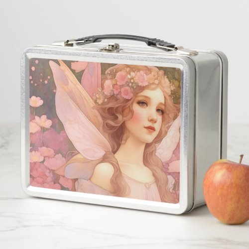 Cute Mystical Pink Fantasy Fairy Painting Metal Lunch Box