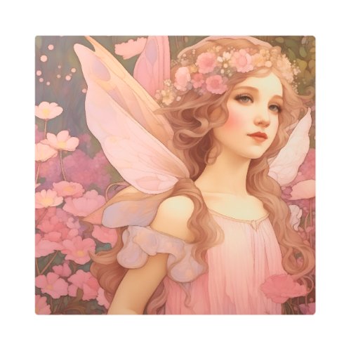 Cute Mystical Pink Fantasy Fairy Painting Metal Print