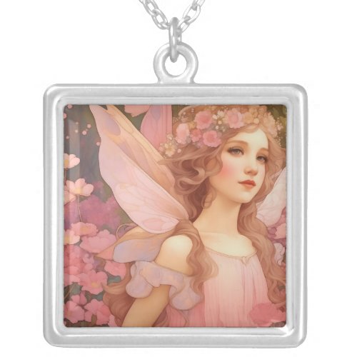 Cute Mystical Pink Fantasy Fairy Painting Silver Plated Necklace