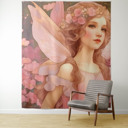 Cute Mystical Pink Fantasy Fairy Painting Tapestry