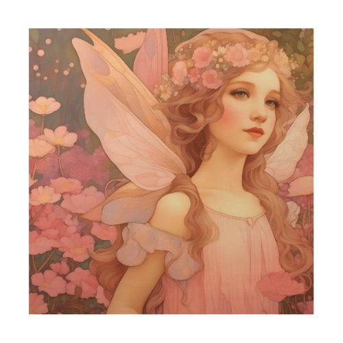 Cute Mystical Pink Fantasy Fairy Painting Wood Wall Art