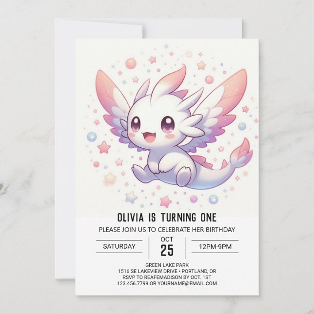Cute Mythical Dragon 1st Birthday Invitation (Front)
