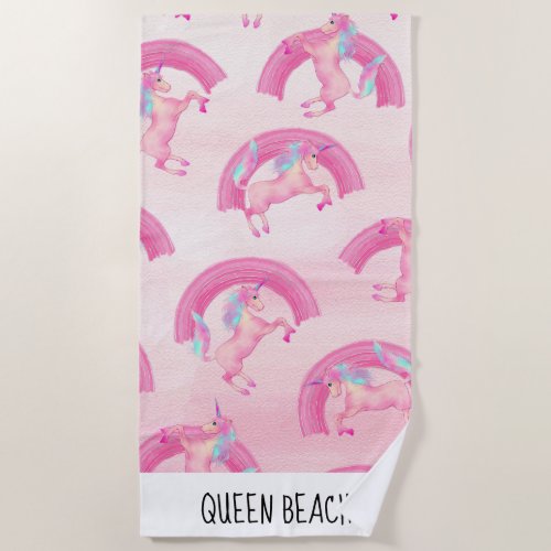 Cute Mythical Pink Unicorn Rainbow Watercolor Beach Towel