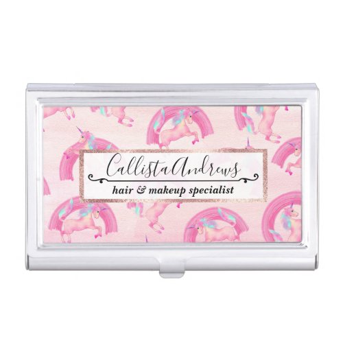 Cute Mythical Pink Unicorn Rainbow Watercolor Business Card Case