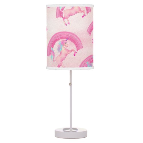 Cute Mythical Pink Unicorn Rainbow Watercolor Table Lamp