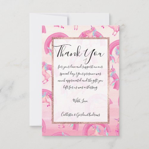 Cute Mythical Pink Unicorn Rainbow Watercolor Thank You Card