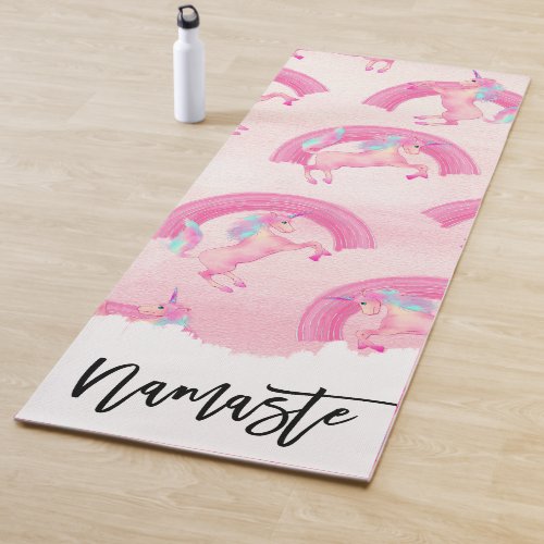 Cute Mythical Pink Unicorn Rainbow Watercolor Yoga Mat