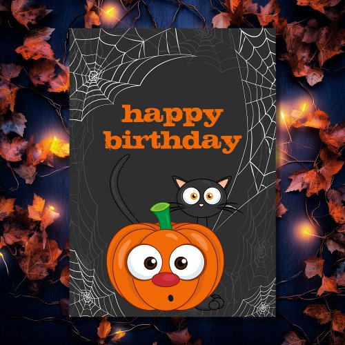 Cute n Spooky Cat and Pumpkin Halloween Birthday Card