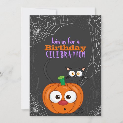 Cute n Spooky Scaredy Cat and Pumpkin Birthday  Invitation