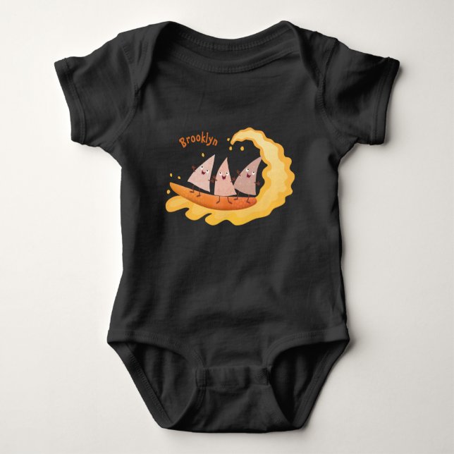 Cute nachos corn chips surfing cartoon baby bodysuit (Front)