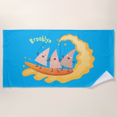 Cute nachos corn chips surfing cartoon beach towel