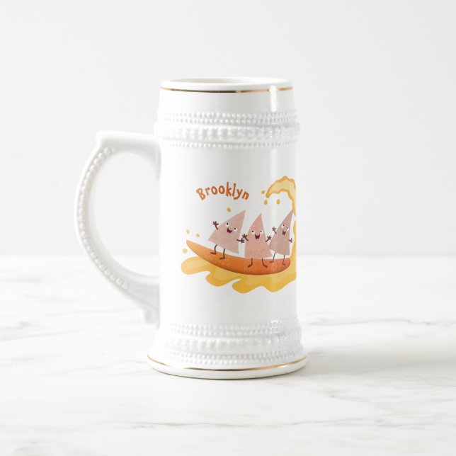Cute nachos corn chips surfing cartoon beer stein (Left)