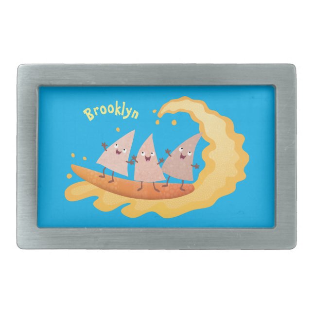 Cute nachos corn chips surfing cartoon  belt buckle (Front)