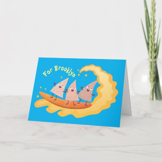 Cute nachos corn chips surfing cartoon card (Front)