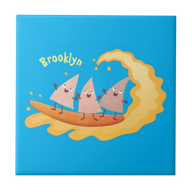 Cute nachos corn chips surfing cartoon  ceramic tile (Front)