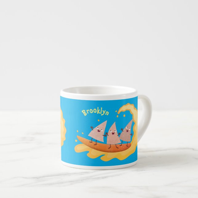 Cute nachos corn chips surfing cartoon  espresso cup (Front Right)