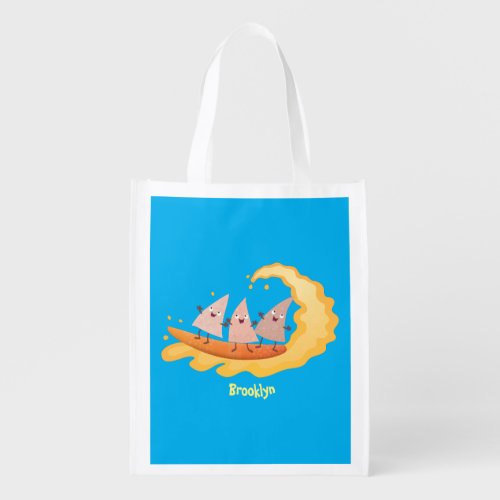 Cute nachos corn chips surfing cartoon  grocery bag