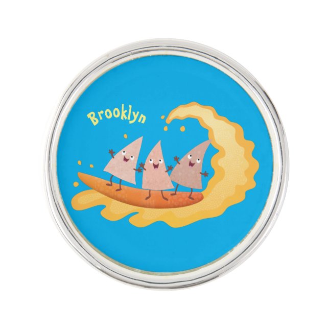 Cute nachos corn chips surfing cartoon lapel pin (Front)