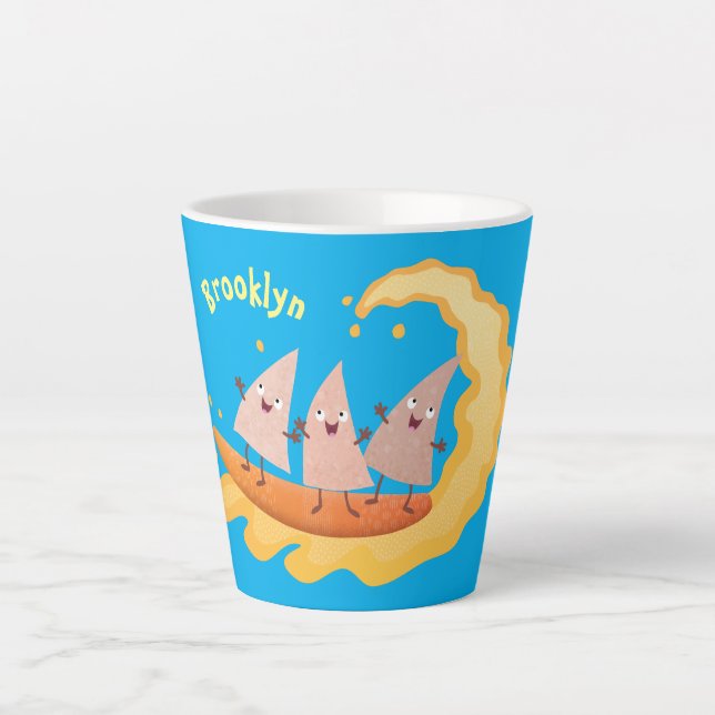 Cute nachos corn chips surfing cartoon latte mug (Front)