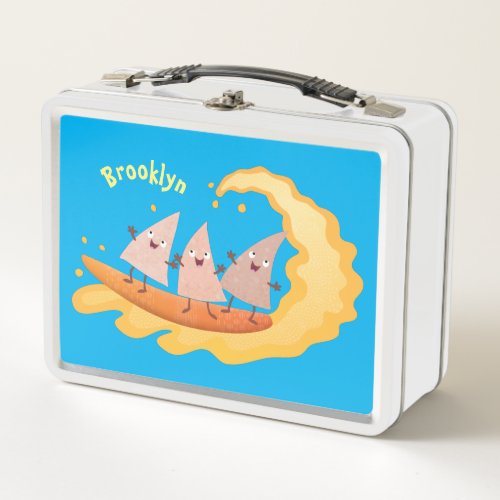 Cute nachos corn chips surfing cartoon  metal lunch box