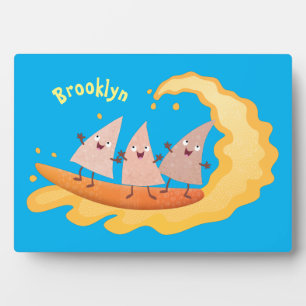 Cute nachos corn chips surfing cartoon plaque