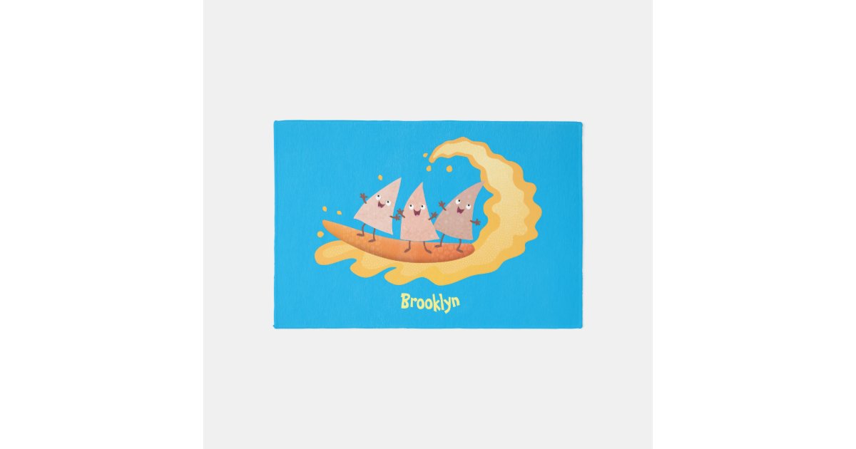 Cute nachos corn chips surfing cartoon rug | Zazzle
