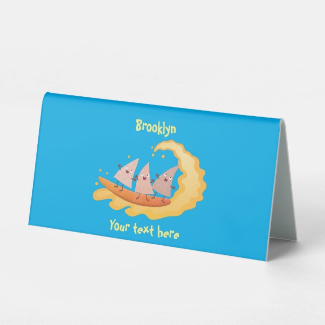 Cute nachos corn chips surfing cartoon table tent (Front)