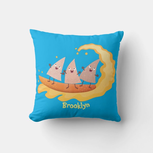 Cute nachos corn chips surfing cartoon  throw pillow (Front)
