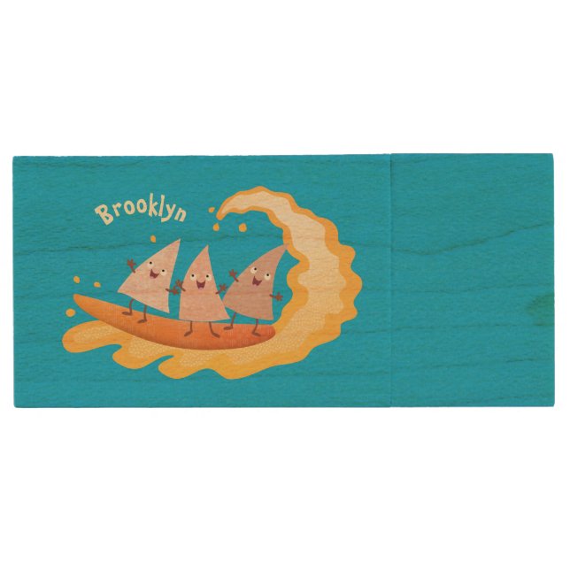 Cute nachos corn chips surfing cartoon  wood flash drive (Front)