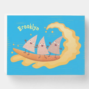 Cute nachos corn chips surfing cartoon wooden box sign