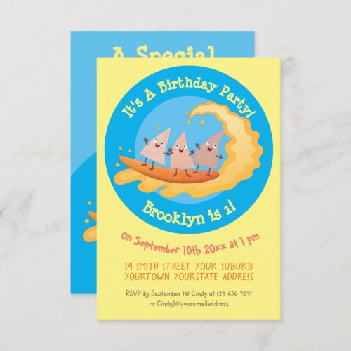 Cute nachos corn chips surfing party invitation