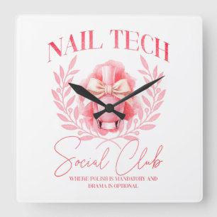 Cute Nail tech Coquette Nail Polish Social Club Square Wall Clock