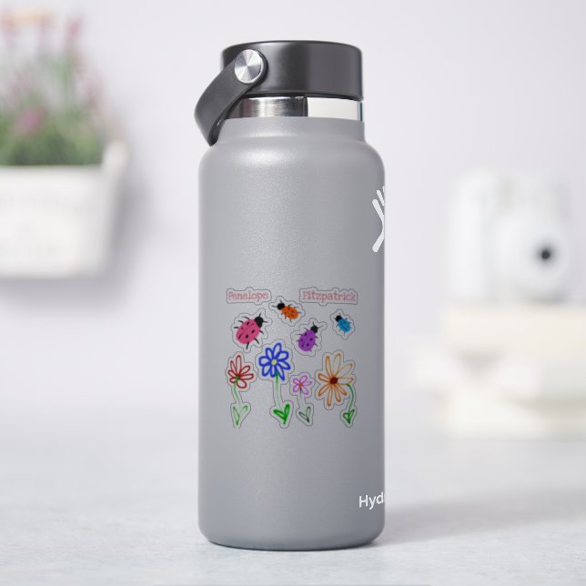 Cute Naive Garden Flowers and Ladybugs with Name Sticker (HydroFlask)