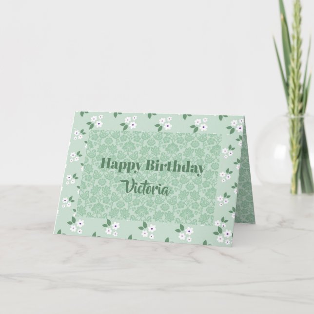 Cute Name Floral Green Calico Pattern Birthday Card (Front)