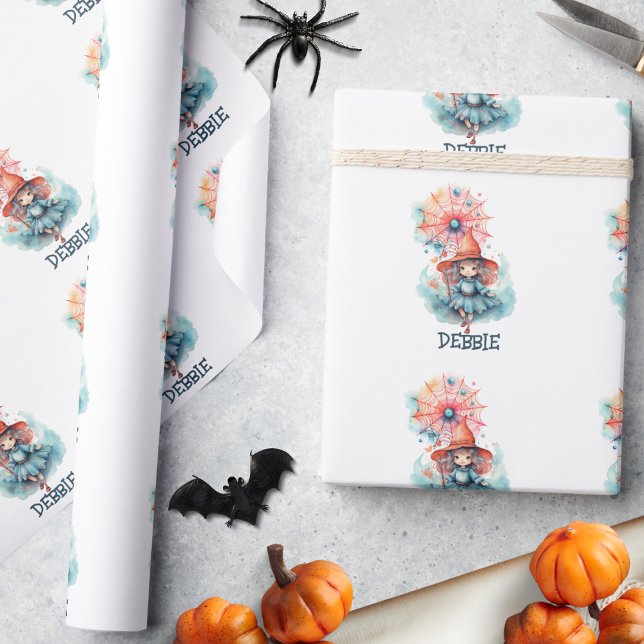 Cute Name Girly Pink Witch Watercolor Halloween  Wrapping Paper (Creator Uploaded)