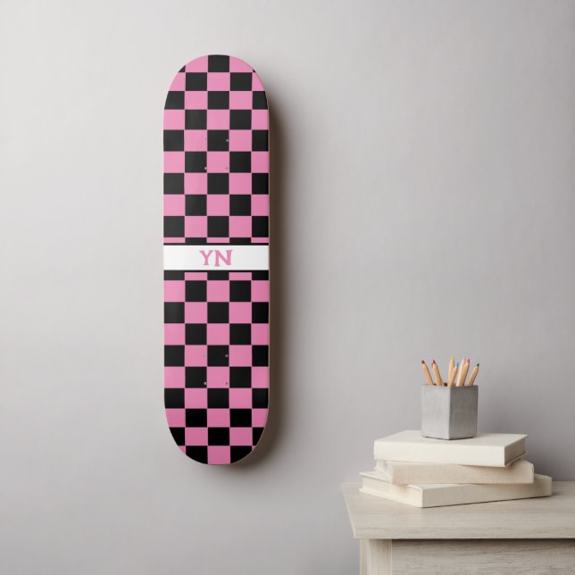 Cute Name Initials Checkered Black and Pink Skateboard (Wall Art)