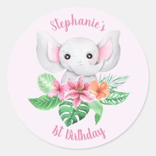 Cute Name Jungle Pink Grey Elephant 1st Birthday Classic Round Sticker