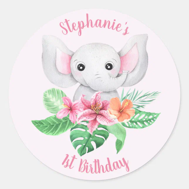 Cute Name Jungle Pink Grey Elephant 1st Birthday Classic Round Sticker ...