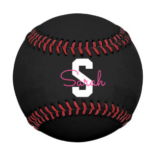Cute Name & Monogram Black White & Pink Baseball