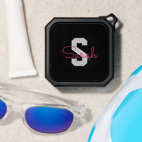 Cute Name & Monogram | Black White & Pink Bluetooth Speaker