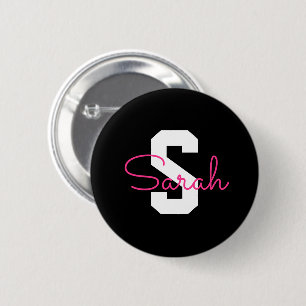 Cute Name & Monogram   Black White & Pink Button