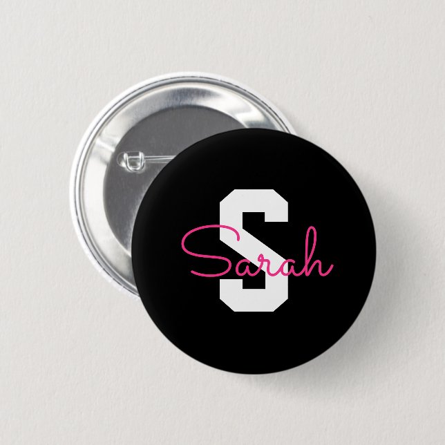 Cute Name & Monogram | Black White & Pink Button (Front & Back)