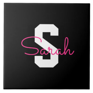 Cute Name & Monogram Black White & Pink Ceramic Tile