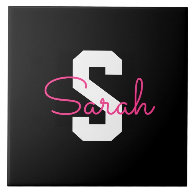 Cute Name & Monogram | Black White & Pink Ceramic Tile (Front)