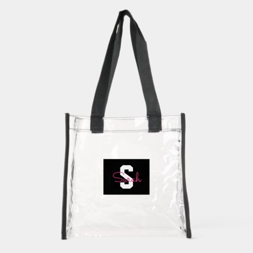 Cute Name & Monogram | Black White & Pink Clear Tote Bag