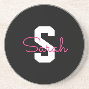 Cute Name & Monogram   Black White & Pink Coaster
