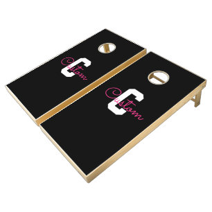 Cute Name & Monogram   Black White & Pink Cornhole Set