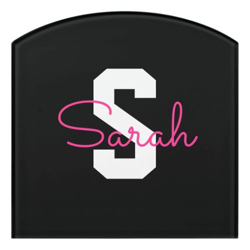 Cute Name & Monogram | Black White & Pink Door Sign