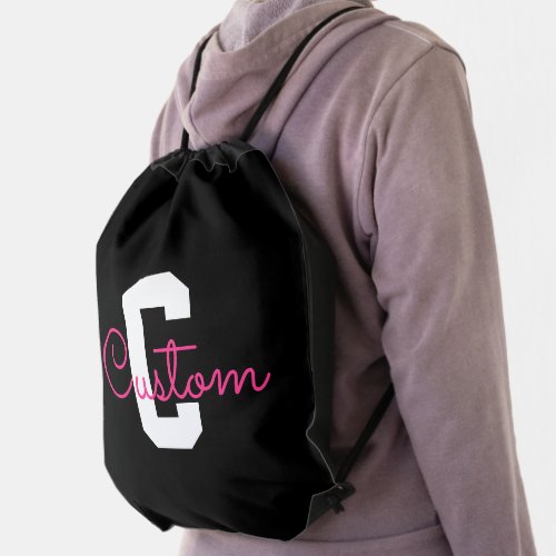 Cute Name & Monogram | Black White & Pink Drawstring Bag
