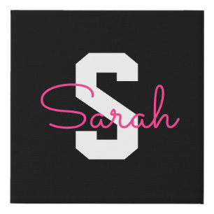 Cute Name & Monogram Black White & Pink Faux Canvas Print